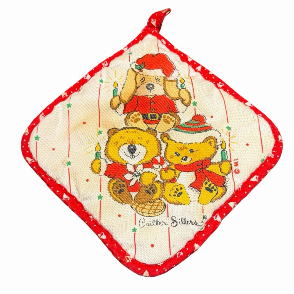 Vintage Critter Sitters Quilted Christmas Pot Holder by Morgan Inc 1980s STAINED